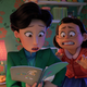 In a scene from the animated film Turning Red, a mom looks at a notebook with surprise while her young daughter grimaces in horror.